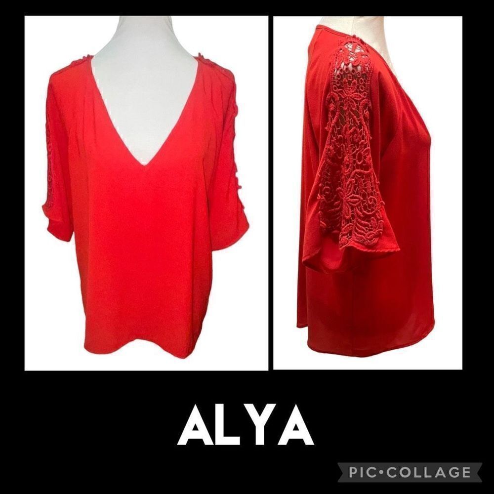 Alya Red Blouse With V-Neck and 3/4in Bell Sleeve with Filagree Lace Pattern Dow
